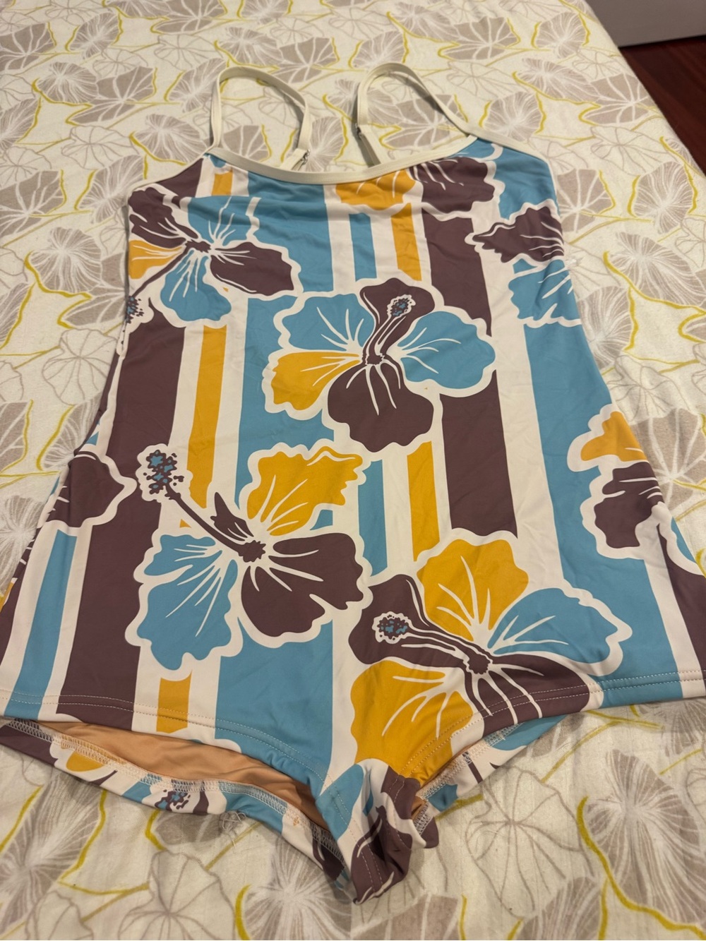 Tropical Floral Stripe One-Piece Swimsuit in Blue, Yellow & Brown